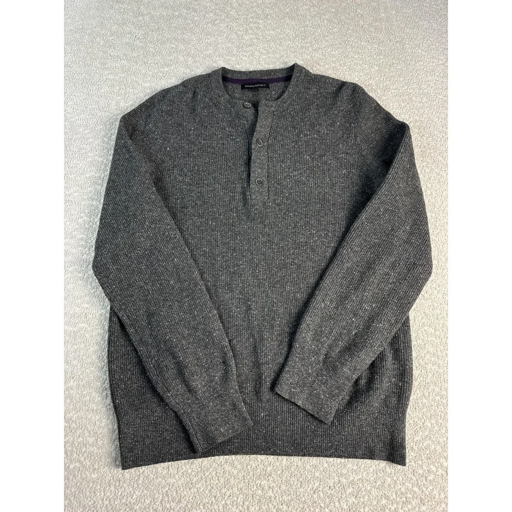 Banana Republic‎ Sweater Mens Large Gray Wool Silk Henley Crewneck Knit Pullover